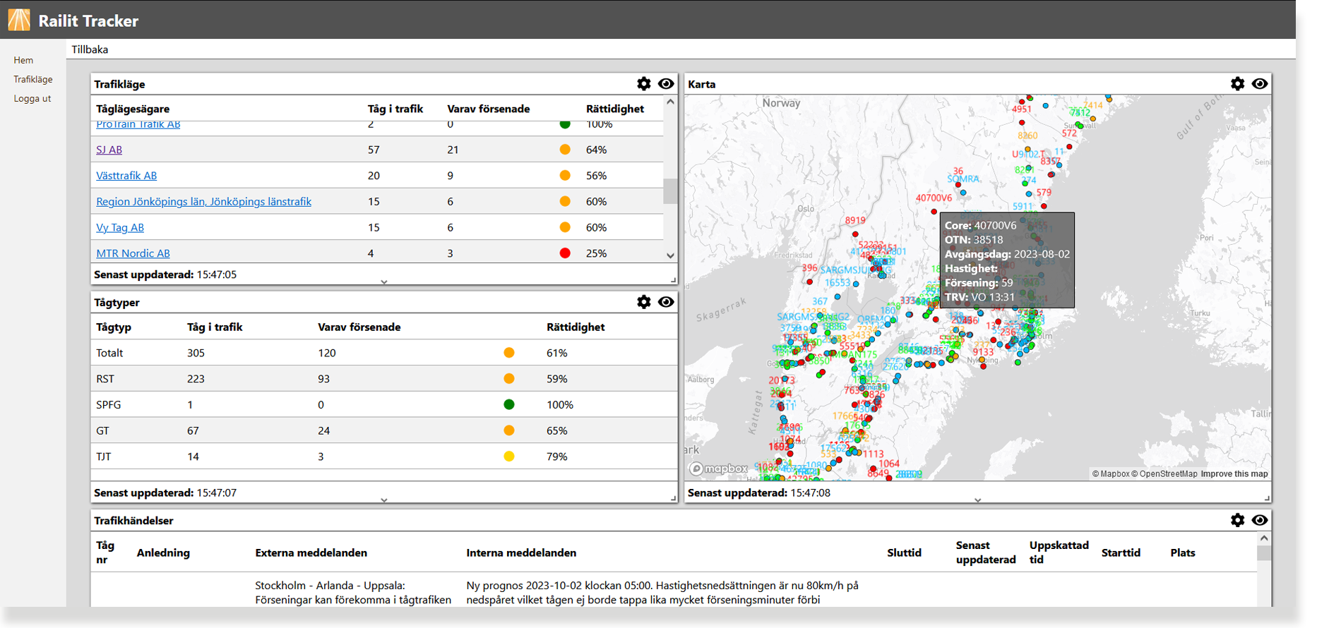 Tracker Operational Dashboard – trafikläge i listvy och kartvy