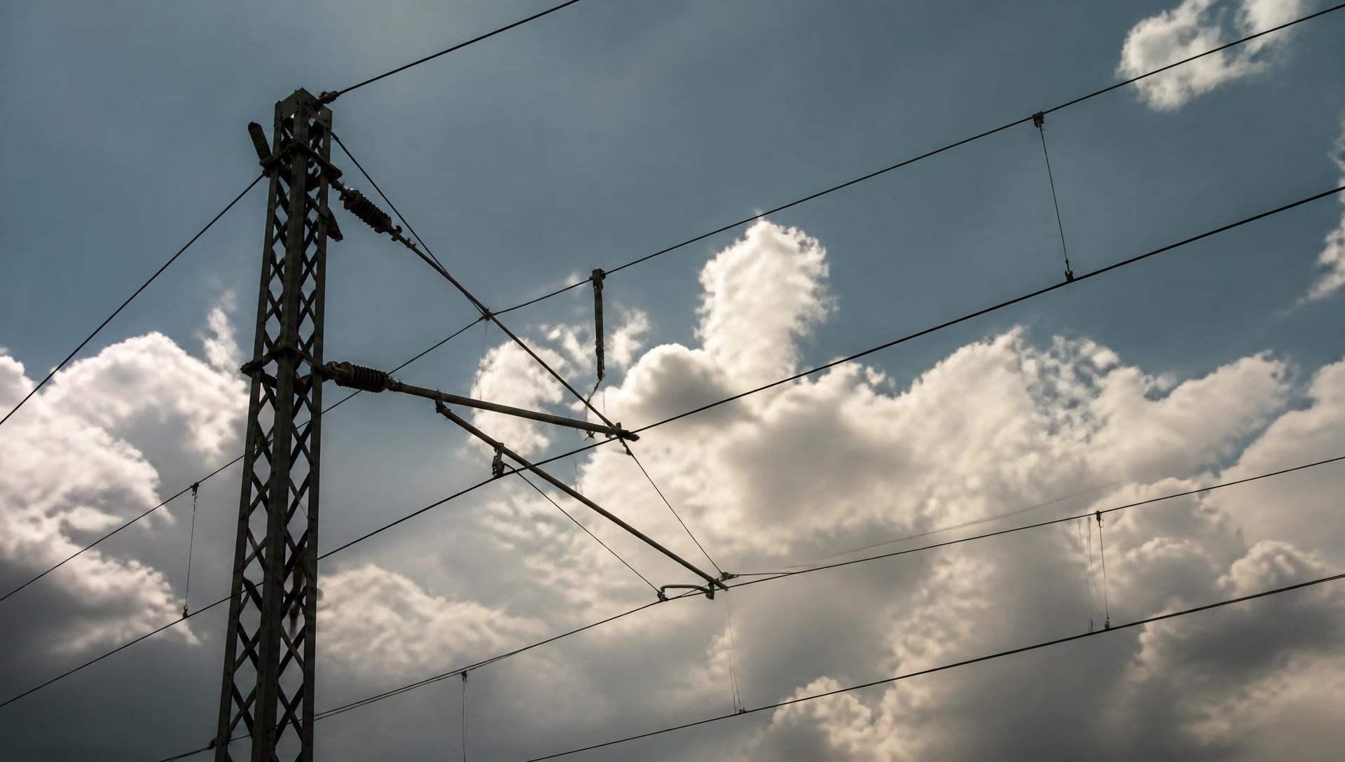 Kontaktledning och stolpe mot molnig himmel